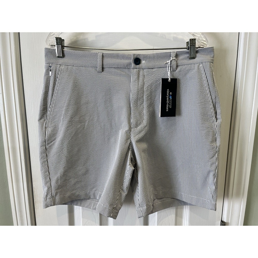 Vineyard Vines On-The-Go Seersucker Shorts Men 33 OTG Performance Navy White NWT
